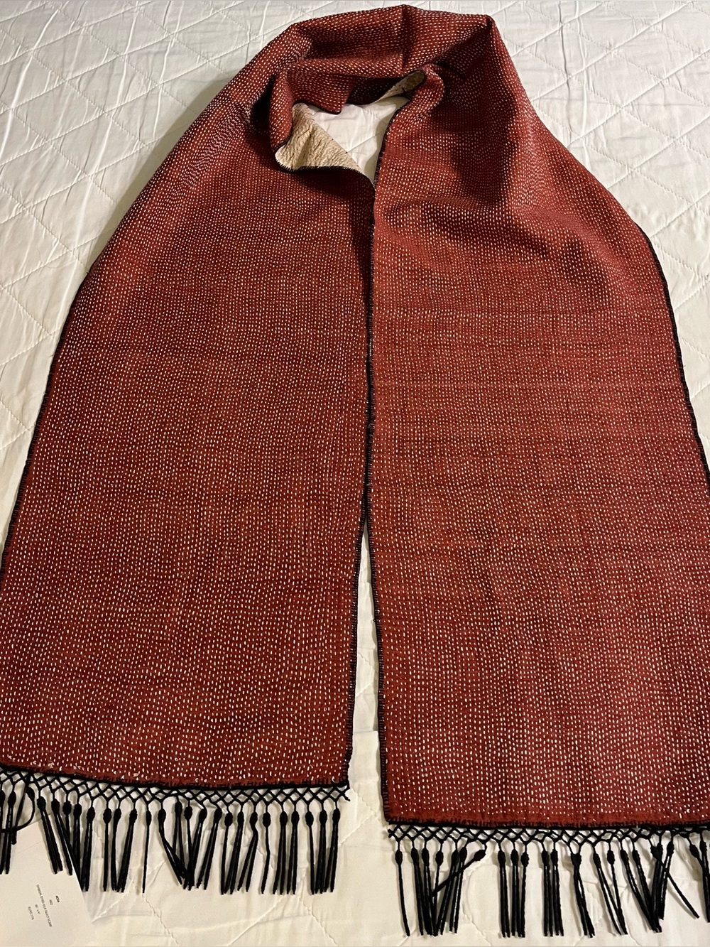 Narrative Made Shibori Dyed Silk Quilt Red Tan Black Fringe Scarf